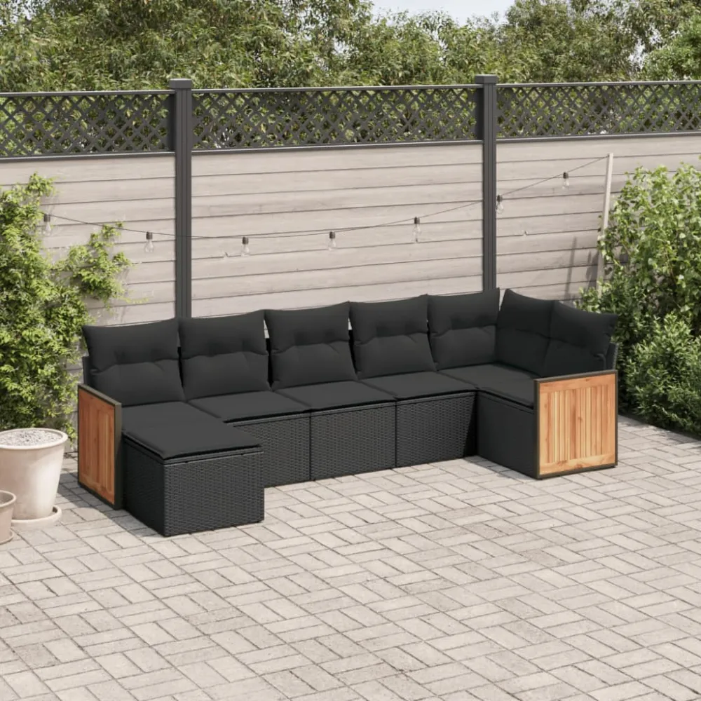 7-delige Loungeset met kussens poly rattan zwart vidaXL