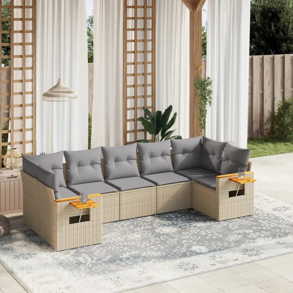 7-delige Loungeset met kussens poly rattan beige vidaXL