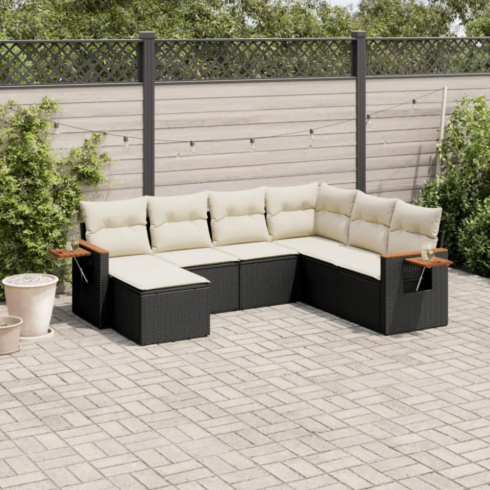7-delige Loungeset met kussens poly rattan zwart vidaXL
