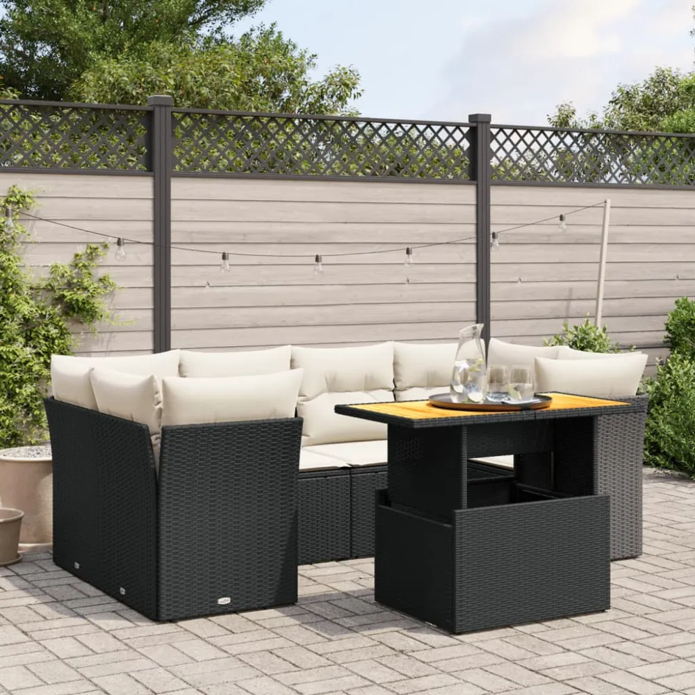 7-delige Loungeset met kussens poly rattan zwart vidaXL