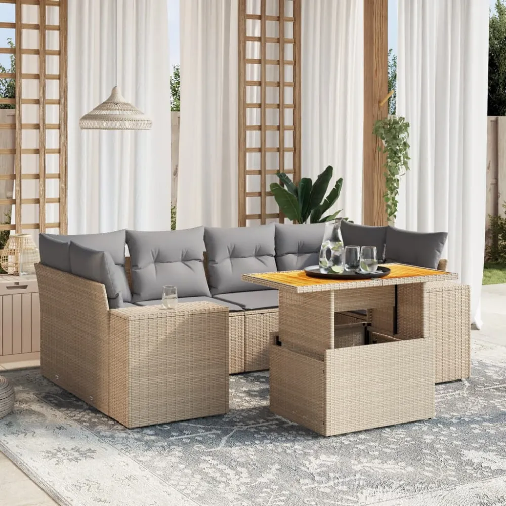 7-delige Loungeset met kussens poly rattan beige vidaXL