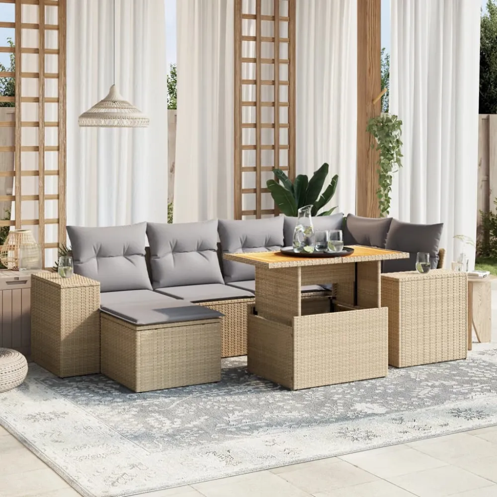 7-delige Loungeset met kussens poly rattan beige vidaXL