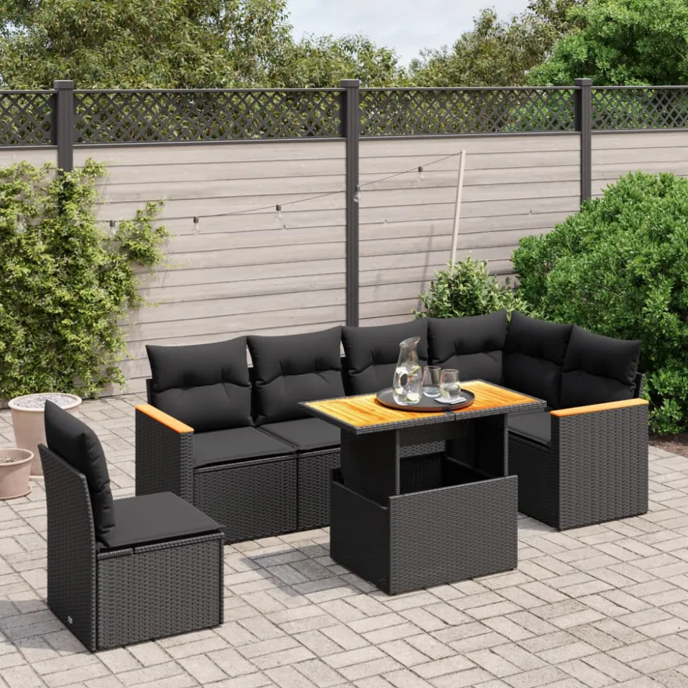 7-delige Loungeset met kussens poly rattan zwart vidaXL