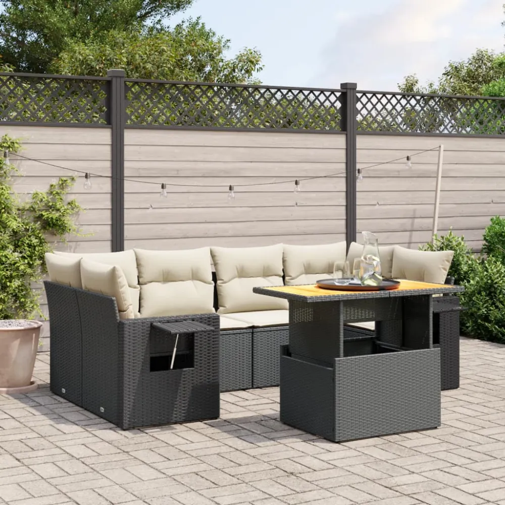 7-delige Loungeset met kussens poly rattan zwart vidaXL