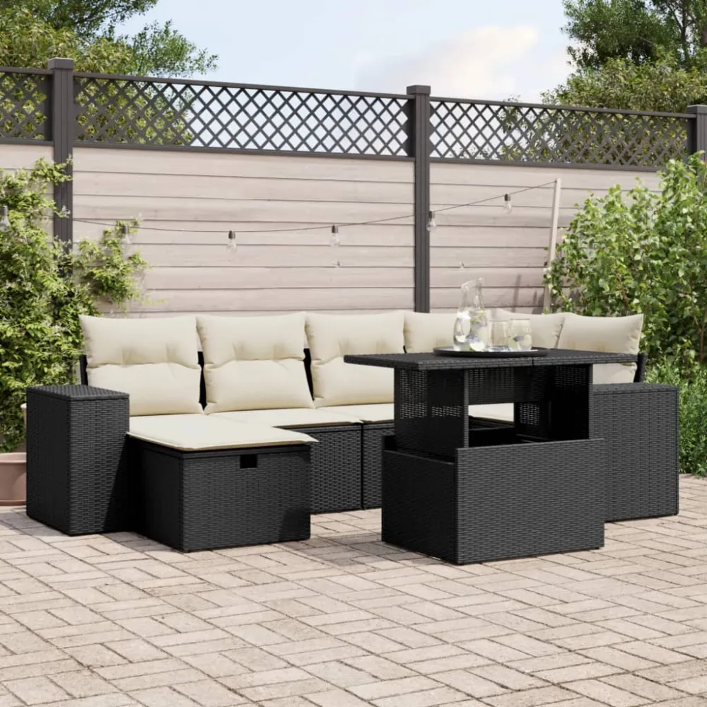 7-delige Loungeset met kussens poly rattan zwart vidaXL