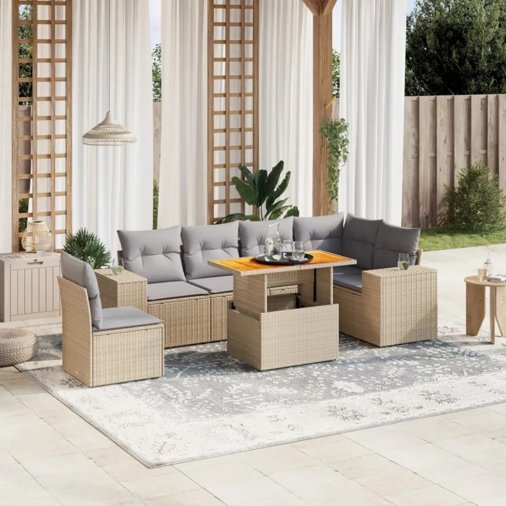 7-delige Loungeset met kussens poly rattan beige vidaXL
