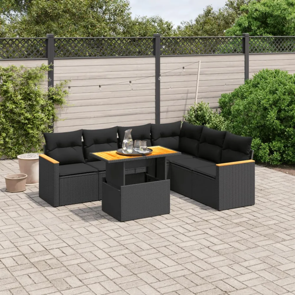 7-delige Loungeset met kussens poly rattan zwart vidaXL