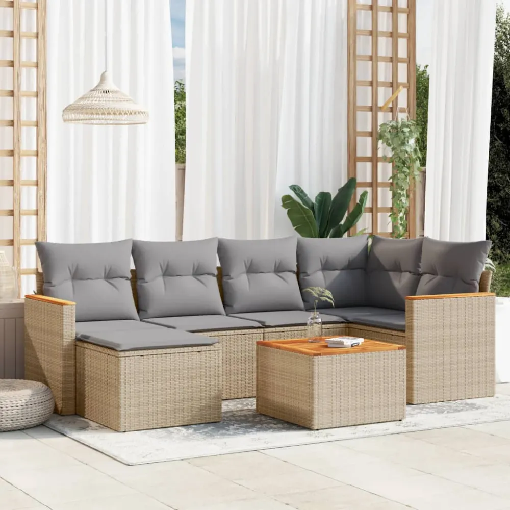 7-delige Loungeset met kussens poly rattan gemengd beige vidaXL