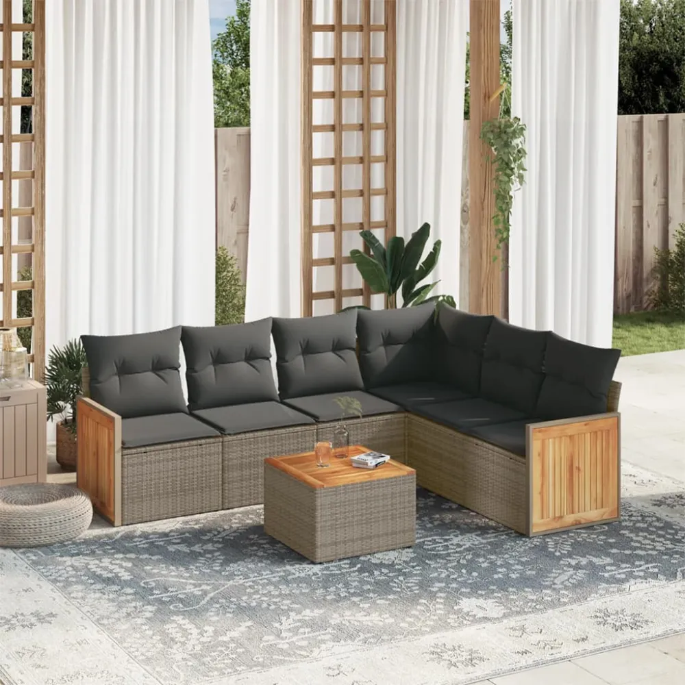 7-delige Loungeset met kussens poly rattan grijs vidaXL