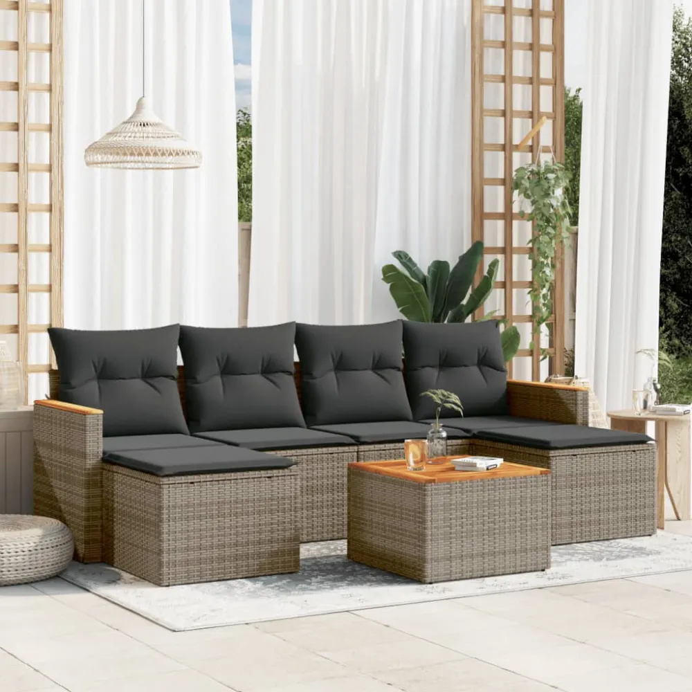 7-delige Loungeset met kussens poly rattan grijs vidaXL