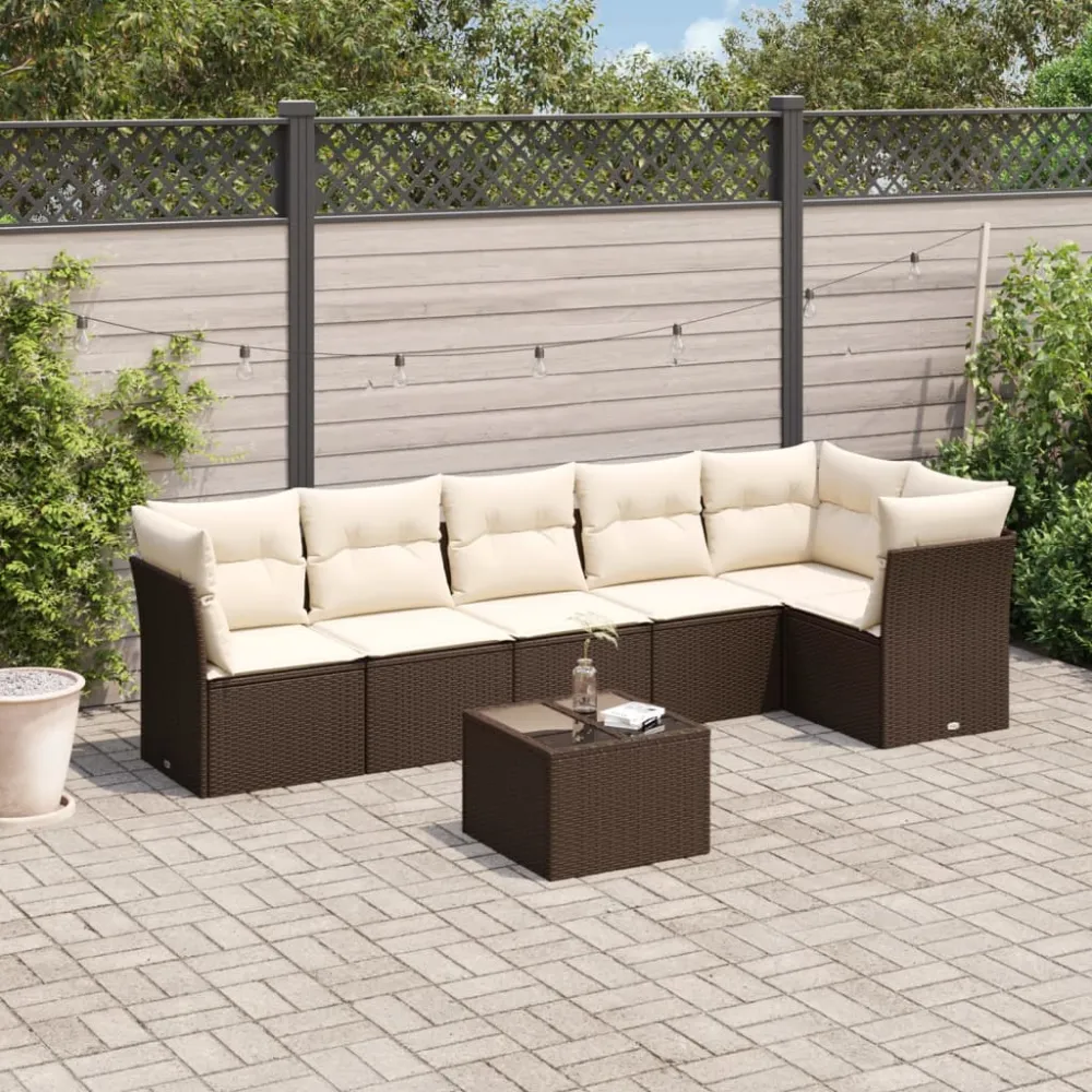 7-delige Loungeset met kussens poly rattan bruin vidaXL