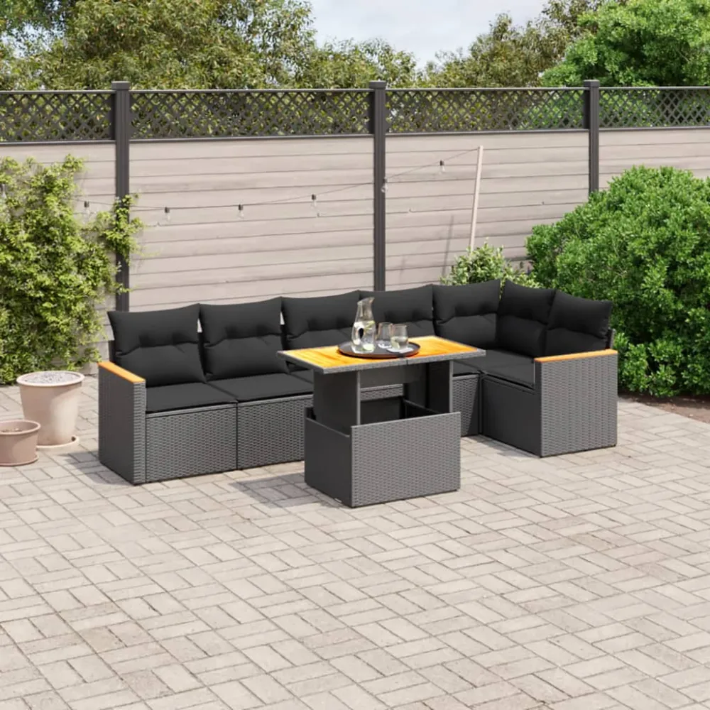 7-delige Loungeset met kussens poly rattan zwart vidaXL