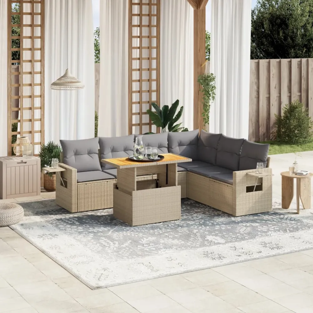 7-delige Loungeset met kussens poly rattan beige vidaXL