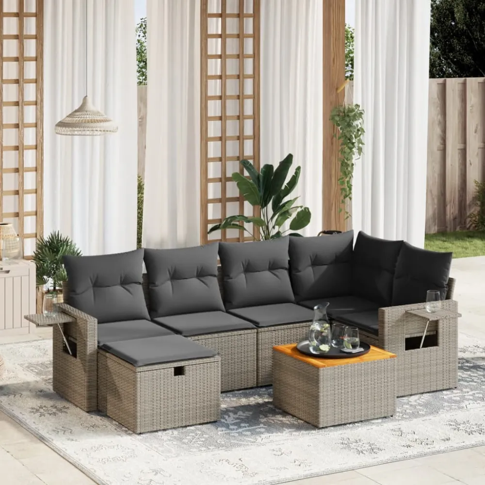 7-delige Loungeset met kussens poly rattan grijs vidaXL