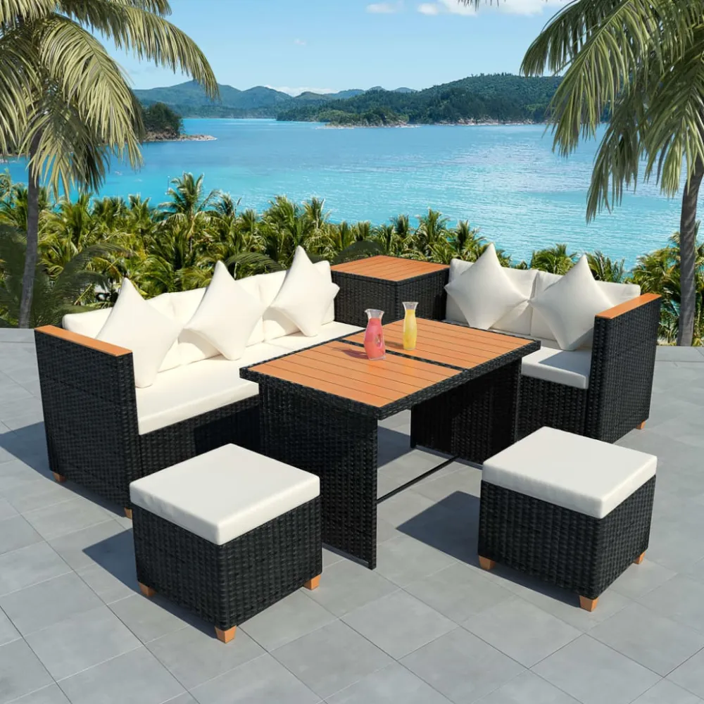 7-delige Loungeset met kussens poly rattan zwart vidaXL