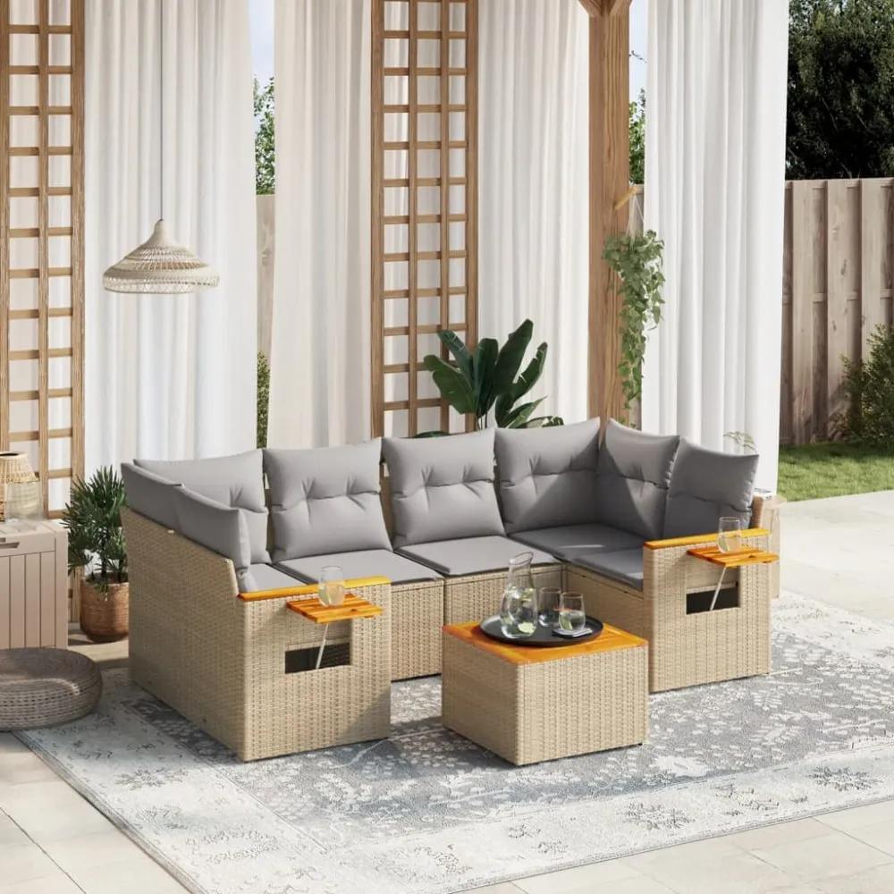 7-delige Loungeset met kussens poly rattan beige vidaXL