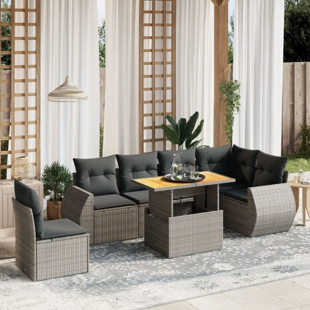 7-delige Loungeset met kussens poly rattan grijs vidaXL