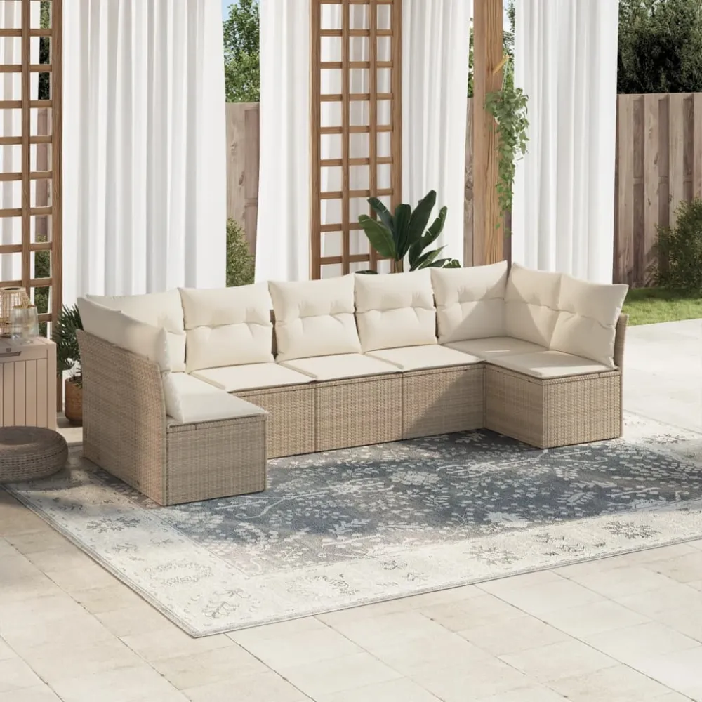 7-delige Loungeset met kussens poly rattan beige vidaXL