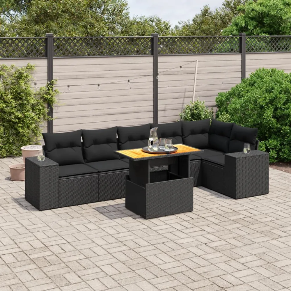 7-delige Loungeset met kussens poly rattan zwart vidaXL