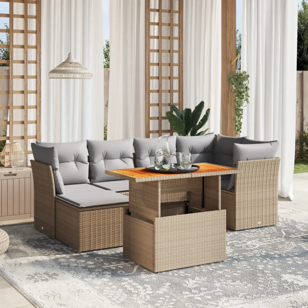 7-delige Loungeset met kussens poly rattan beige vidaXL