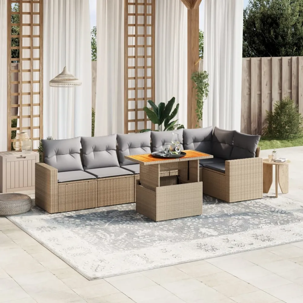 7-delige Loungeset met kussens poly rattan beige vidaXL