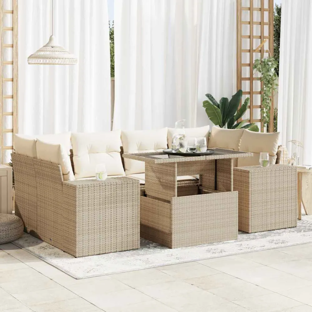 7-delige Loungeset met kussens poly rattan beige vidaXL