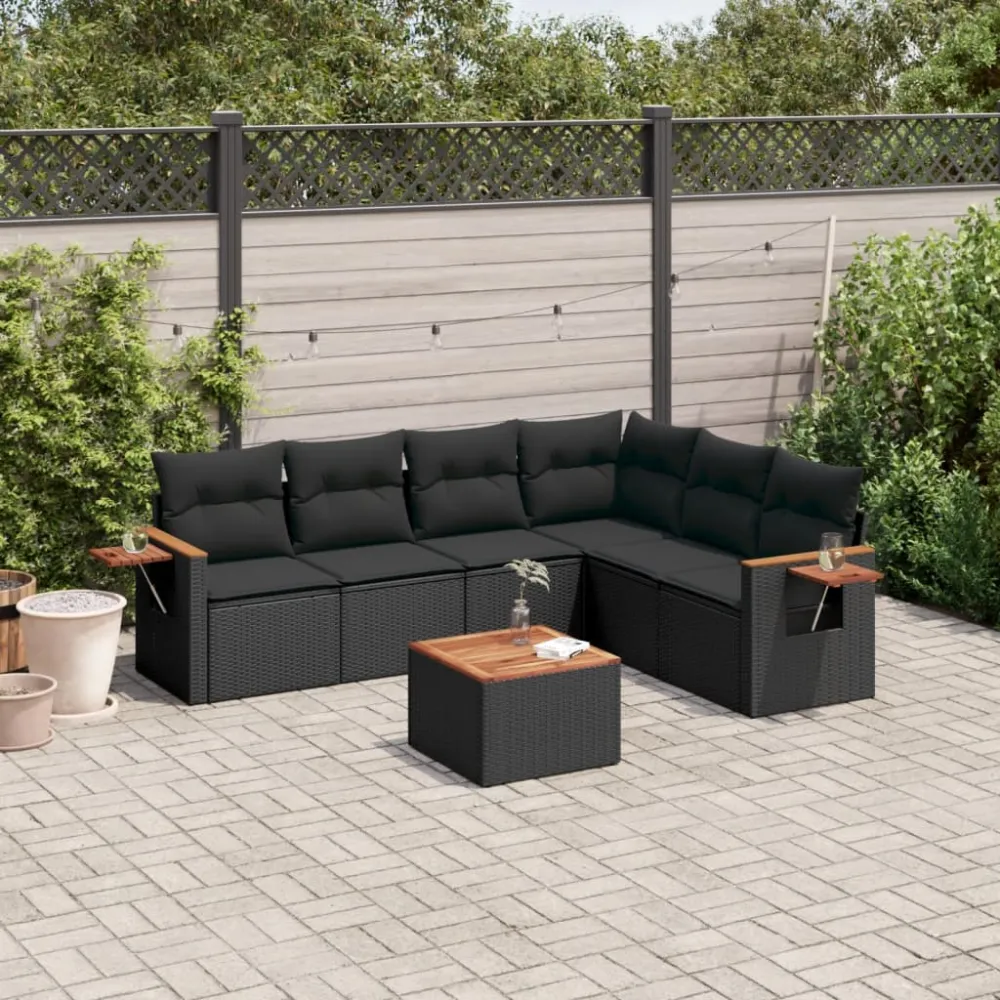 7-delige Loungeset met kussens poly rattan zwart vidaXL