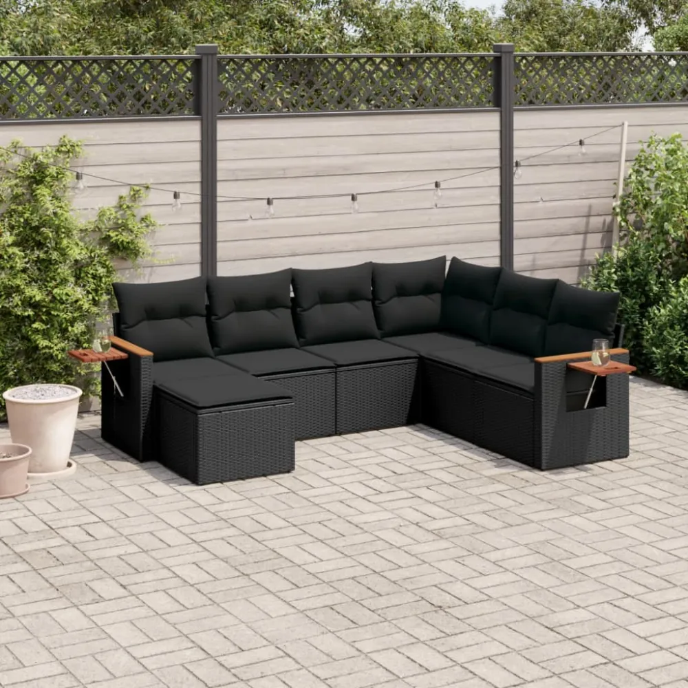 7-delige Loungeset met kussens poly rattan zwart vidaXL