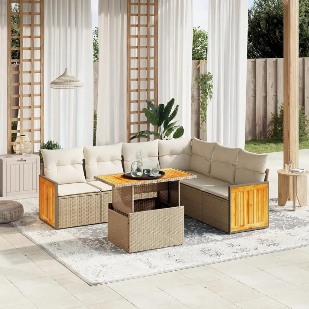 7-delige Loungeset met kussens poly rattan beige vidaXL