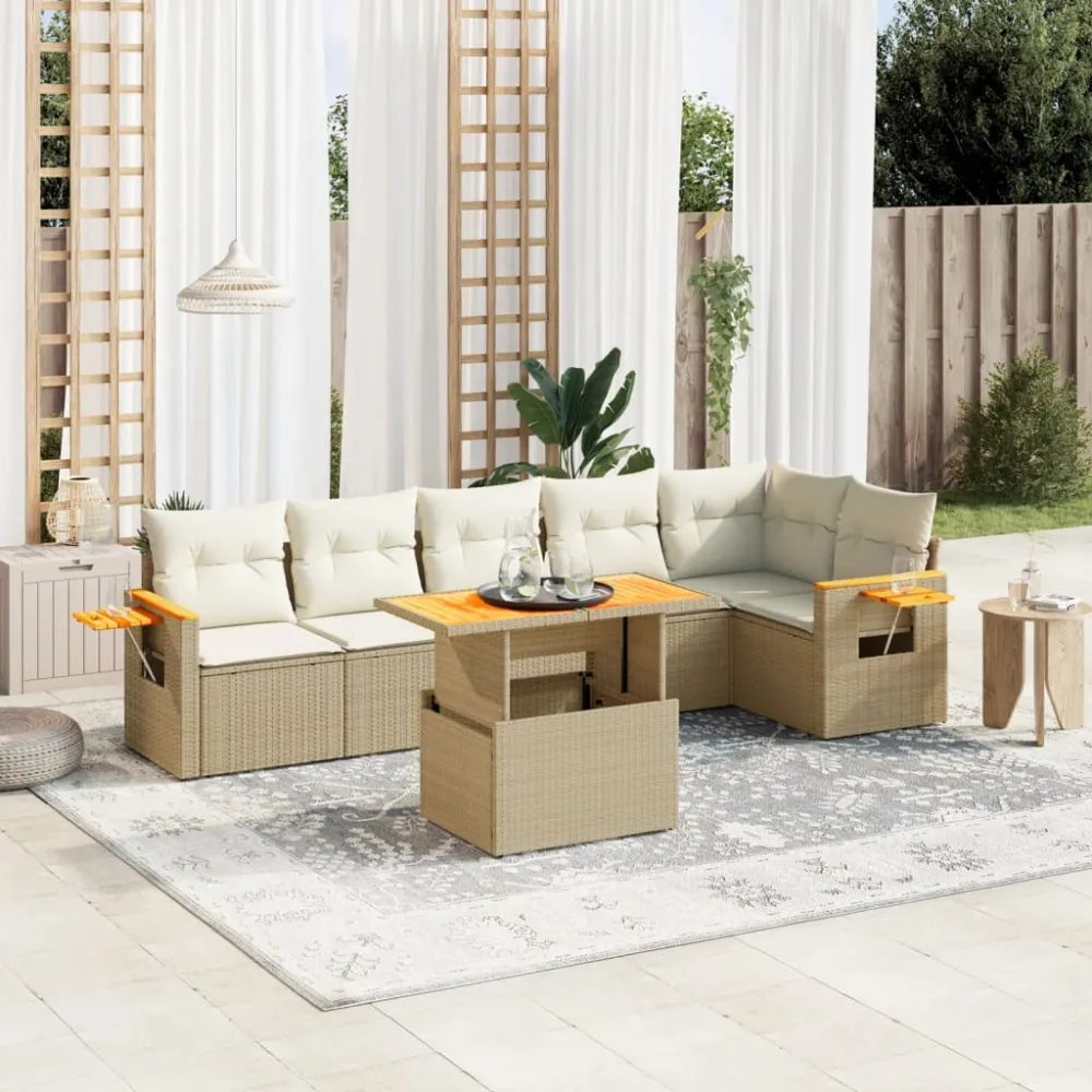 7-delige Loungeset met kussens poly rattan beige vidaXL