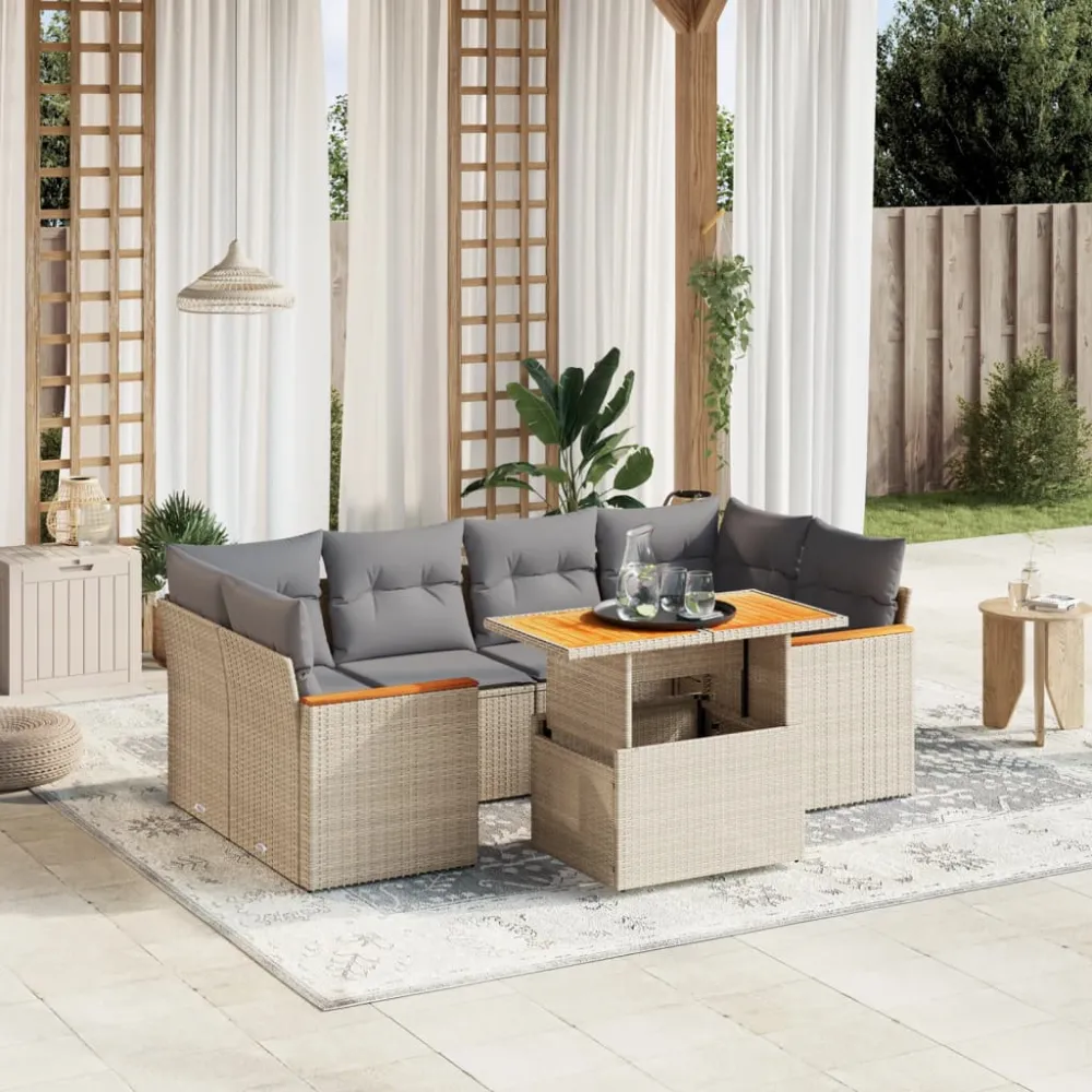 7-delige Loungeset met kussens poly rattan beige vidaXL