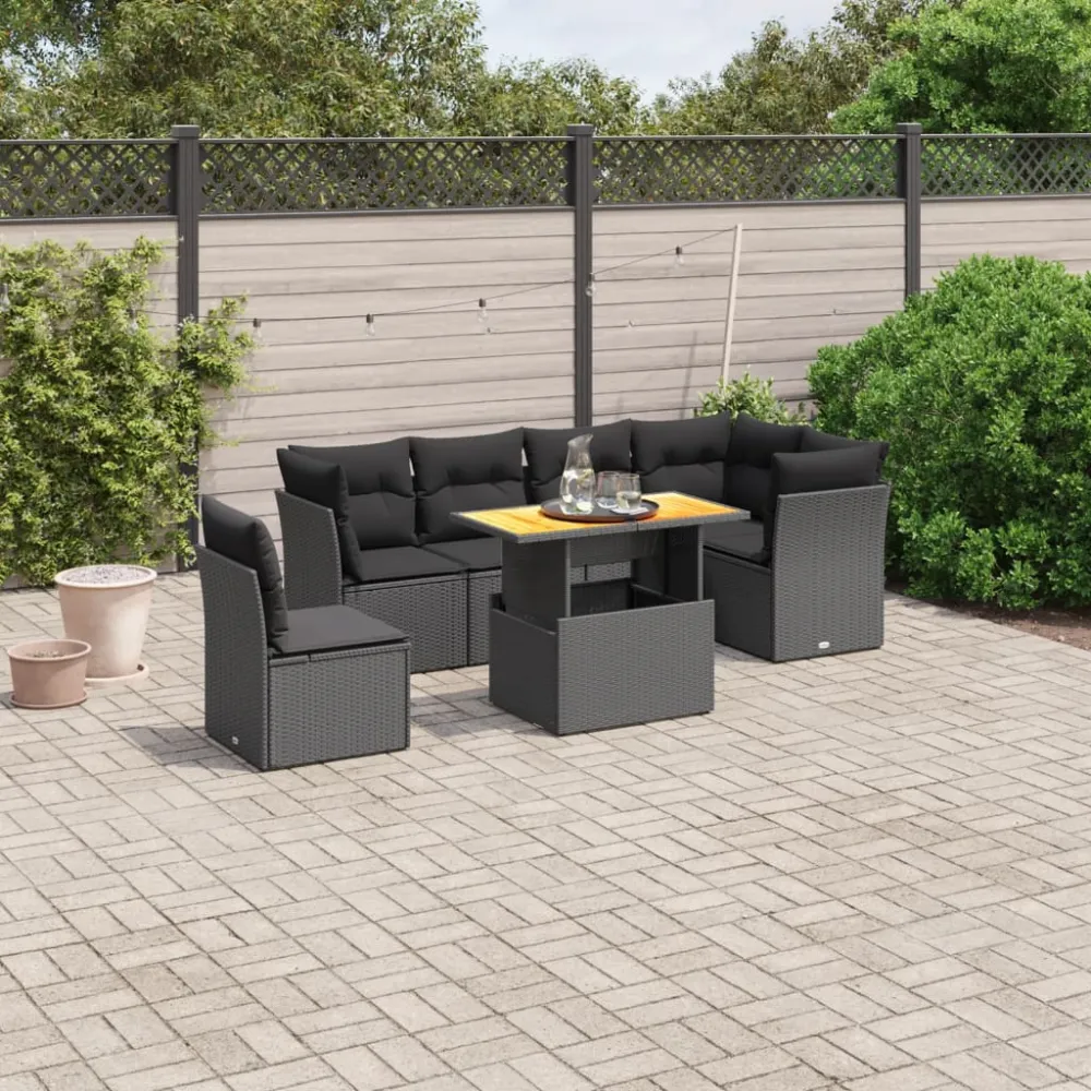 7-delige Loungeset met kussens poly rattan zwart vidaXL