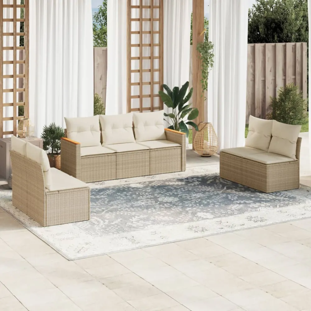 7-delige Loungeset met kussens poly rattan beige vidaXL