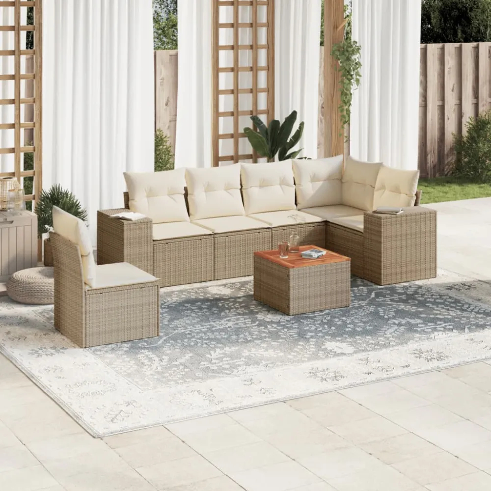7-delige Loungeset met kussens poly rattan beige vidaXL
