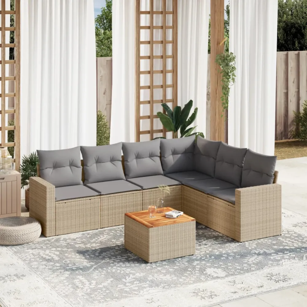 7-delige Loungeset met kussens poly rattan beige vidaXL