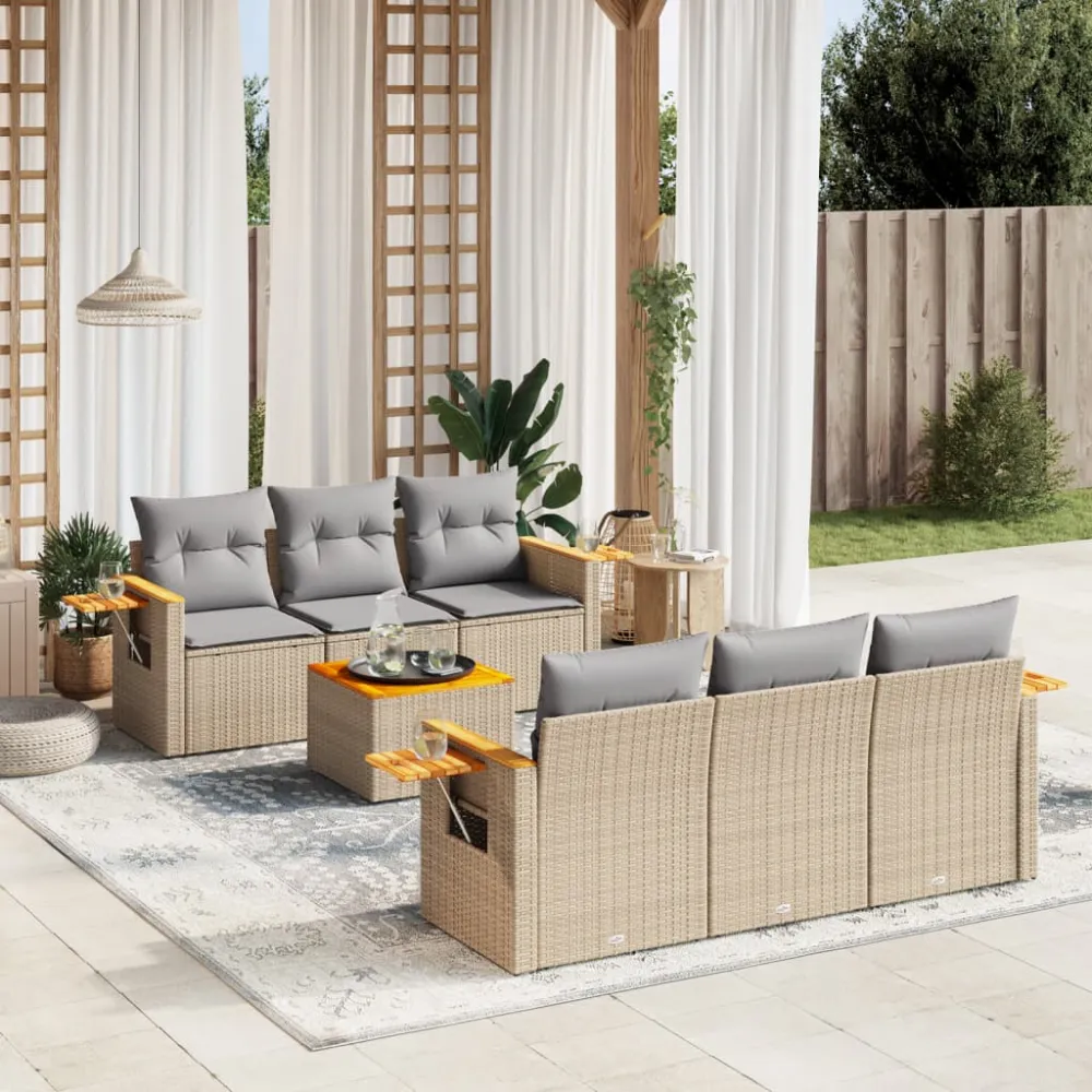 7-delige Loungeset met kussens poly rattan beige vidaXL