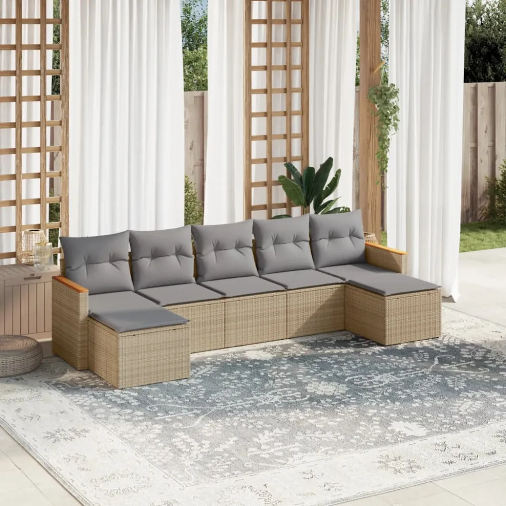 7-delige Loungeset met kussens poly rattan gemengd beige vidaXL