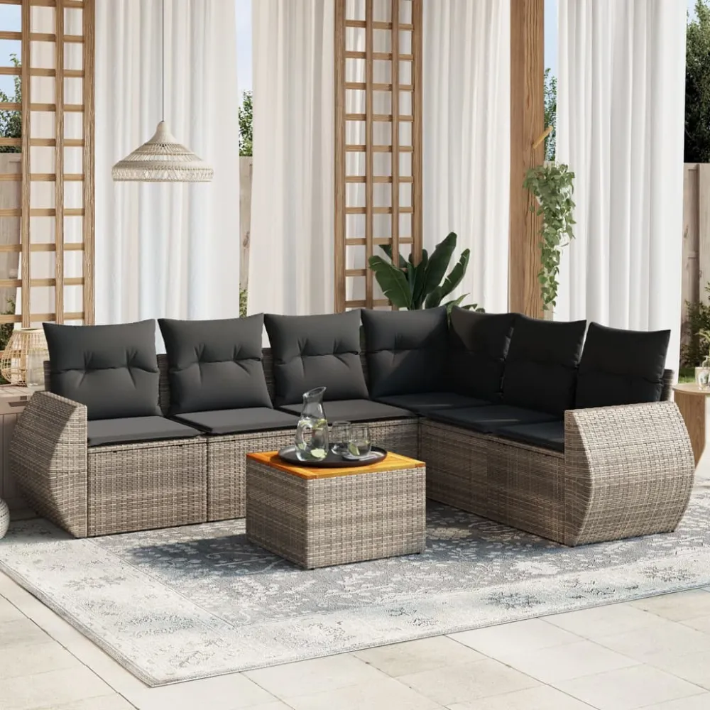 7-delige Loungeset met kussens poly rattan grijs vidaXL
