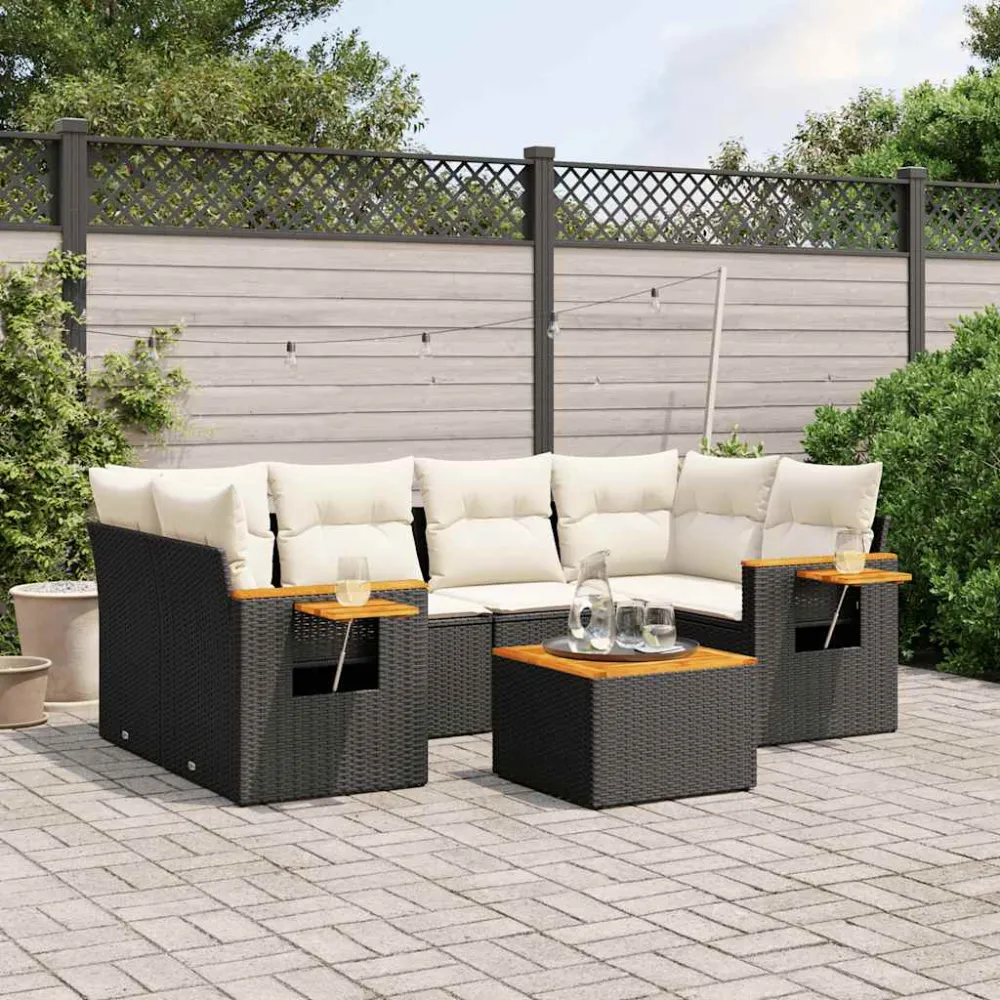 7-delige Loungeset met kussens poly rattan zwart vidaXL