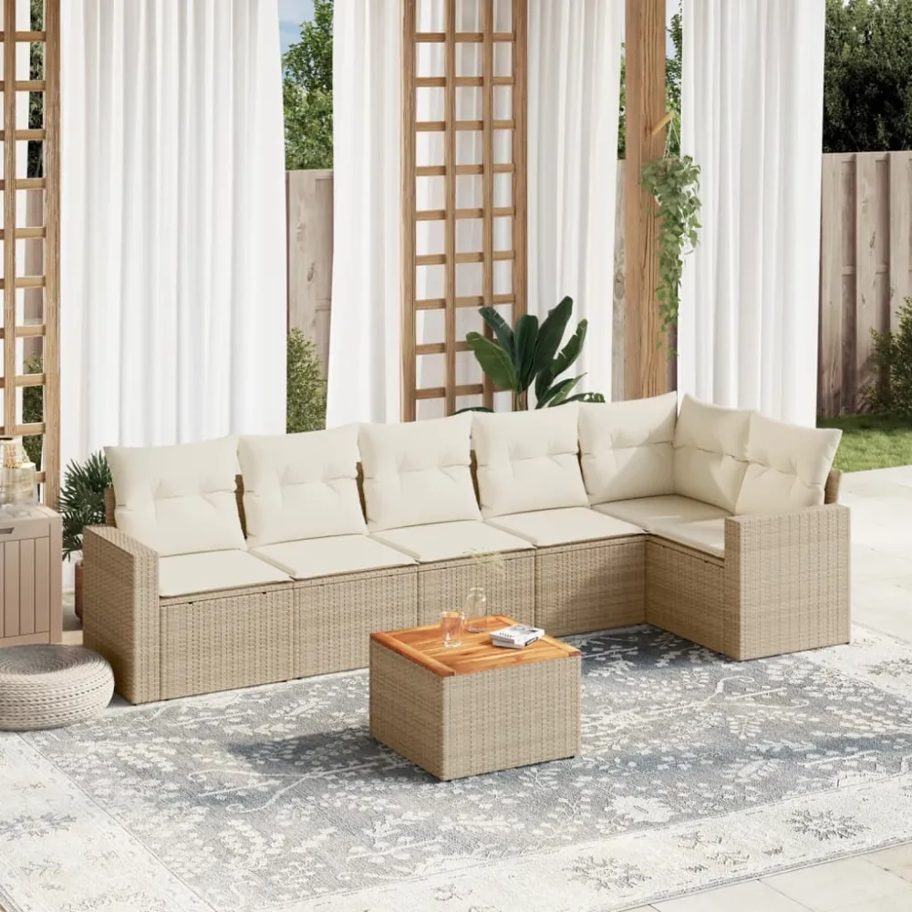 7-delige Loungeset met kussens poly rattan beige vidaXL