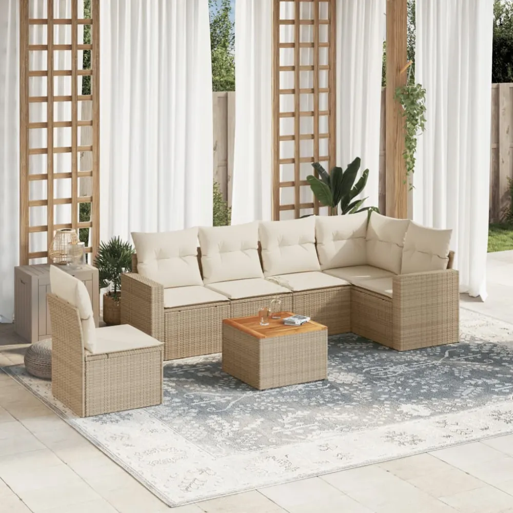 7-delige Loungeset met kussens poly rattan beige vidaXL