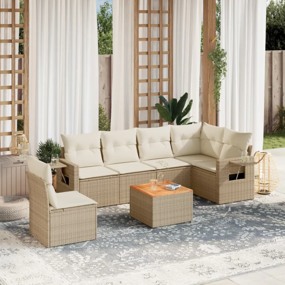 7-delige Loungeset met kussens poly rattan beige vidaXL