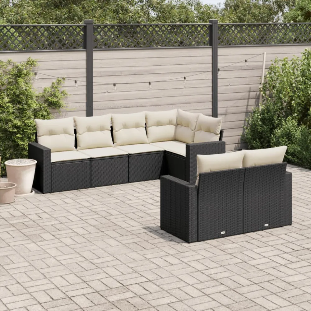 7-delige Loungeset met kussens poly rattan zwart vidaXL