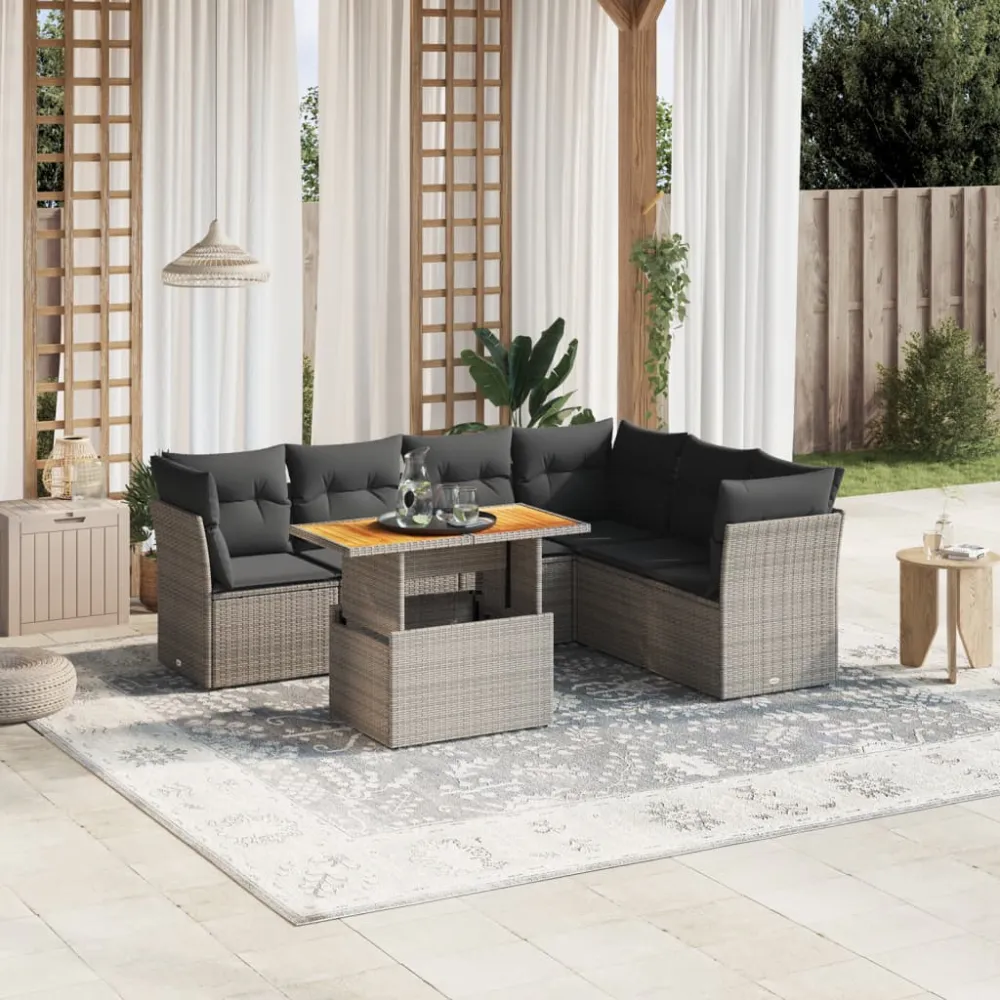 7-delige Loungeset met kussens poly rattan grijs vidaXL