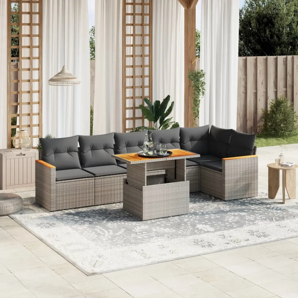 7-delige Loungeset met kussens poly rattan grijs vidaXL