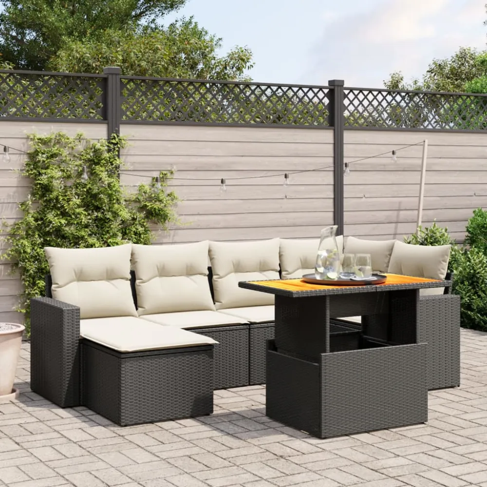 7-delige Loungeset met kussens poly rattan zwart vidaXL