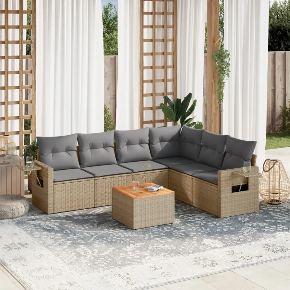 7-delige Loungeset met kussens poly rattan beige vidaXL