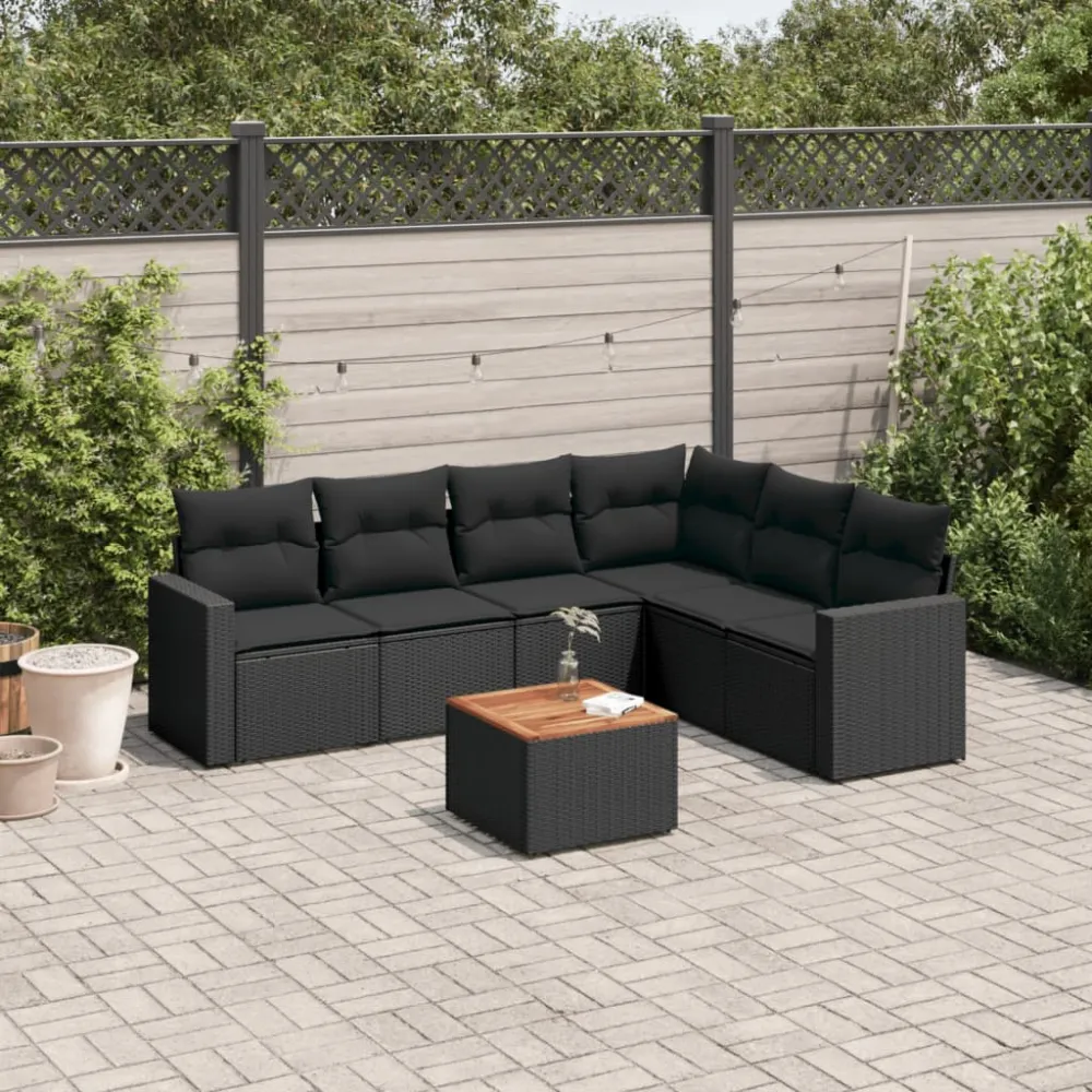 7-delige Loungeset met kussens poly rattan zwart vidaXL