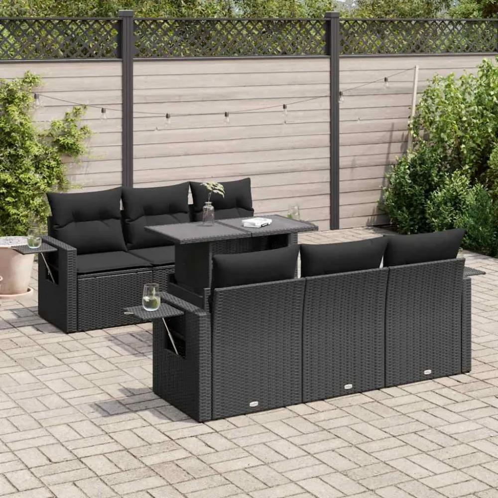 7-delige Loungeset met kussens poly rattan zwart vidaXL