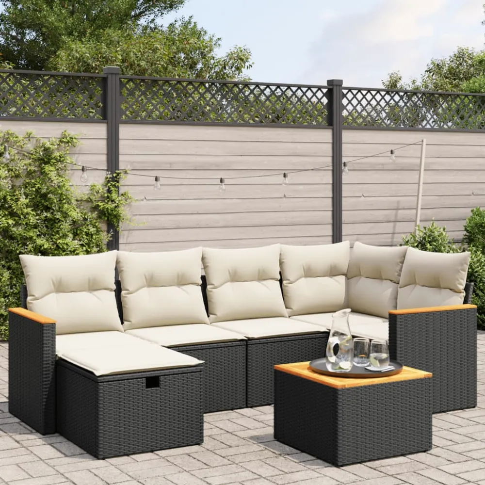 7-delige Loungeset met kussens poly rattan zwart vidaXL